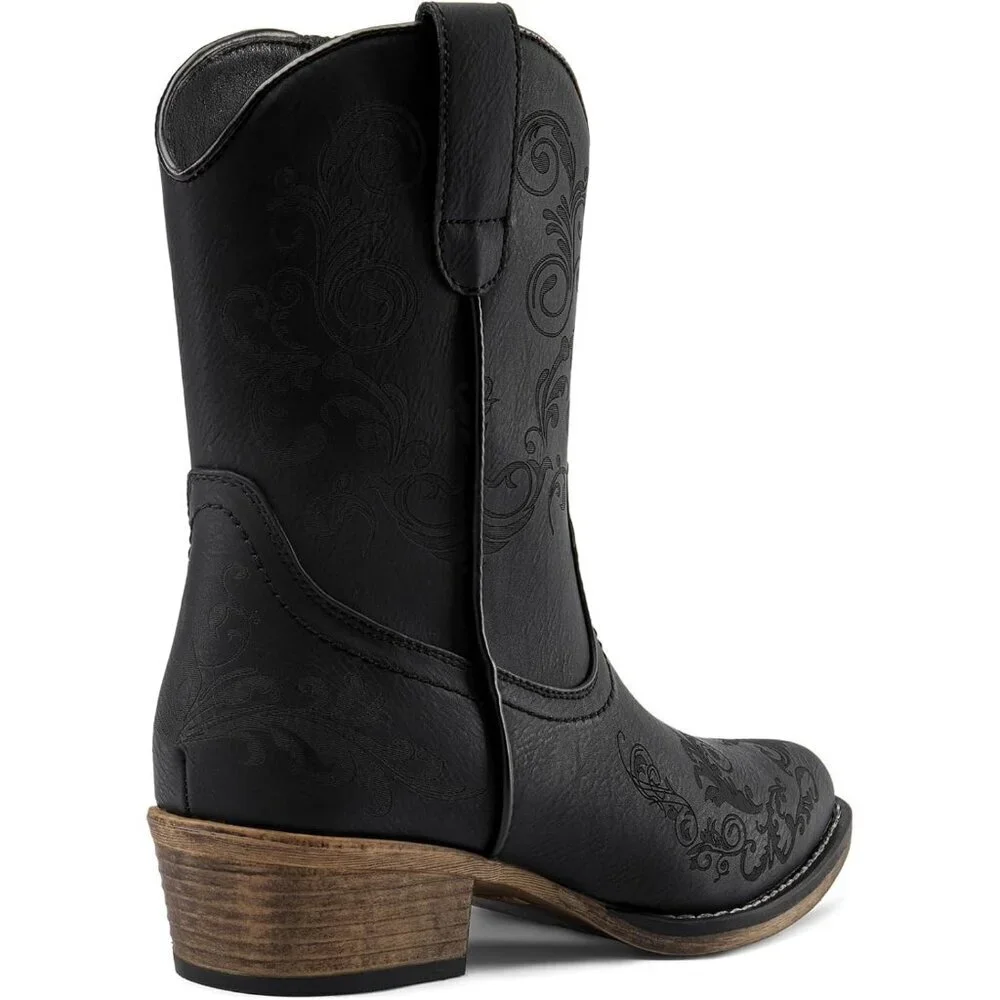 Womens Black Western Cowboy Cowgirl Ankle Boots Low Chunky Heels Square Toe - Picture 5 of 7